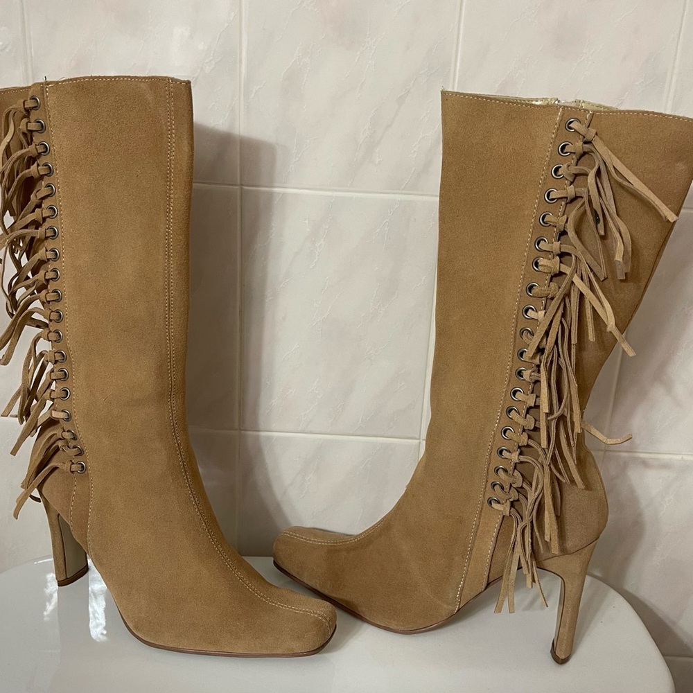 Delicious Light Camel Suede Heeled Boots